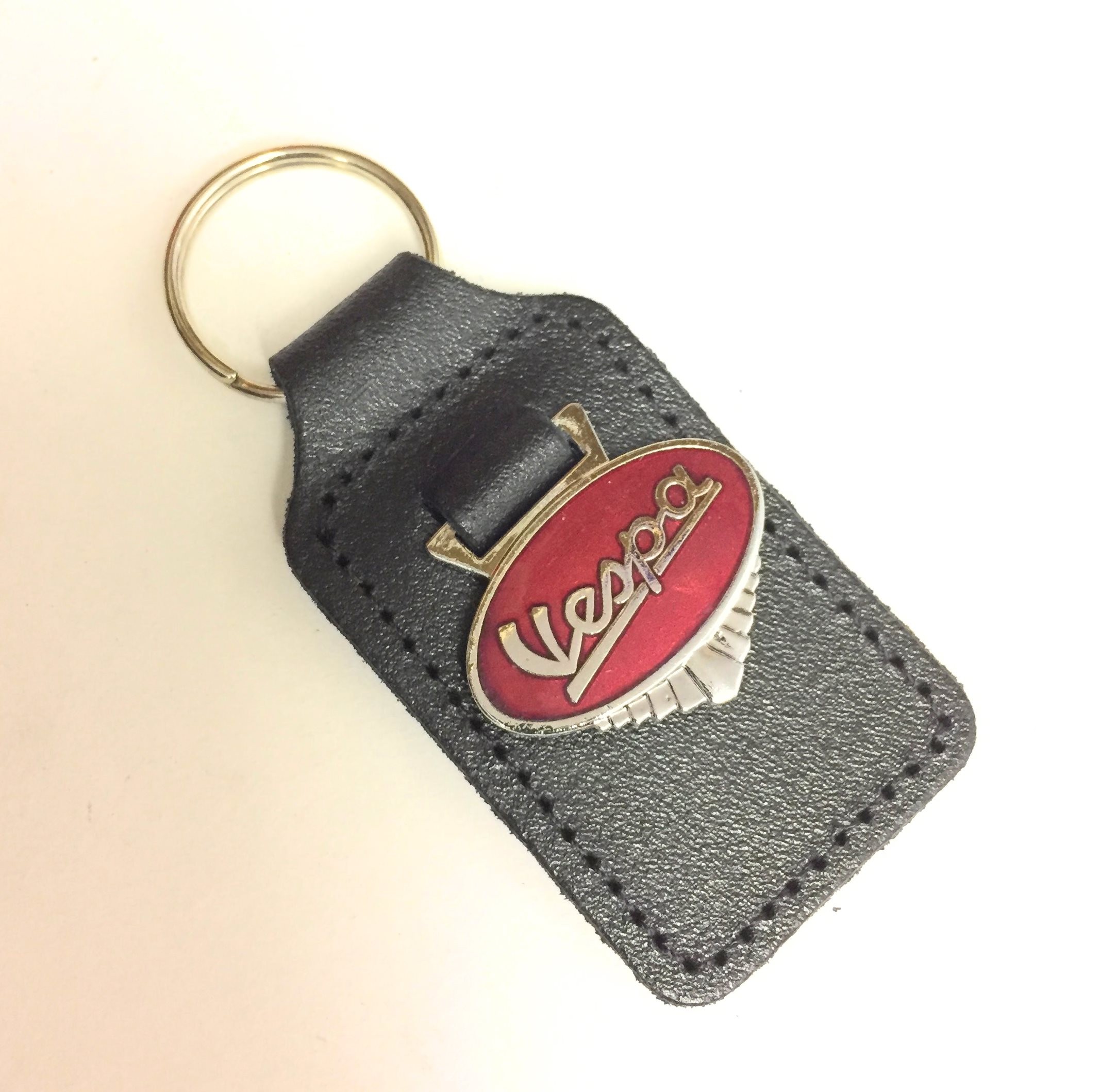 Vespa enamel badge leather key fob ring Red - Disco Dez Scooters