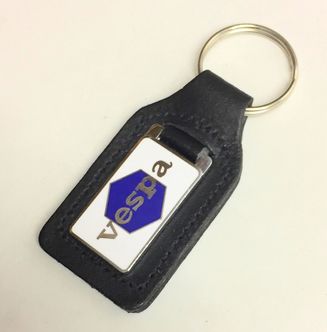 Vespa logo enamel badge leather key fob ring Blue and white image #1