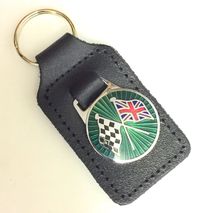 Racing chequered Union Jack flag green enamel badge leather key fob ring 