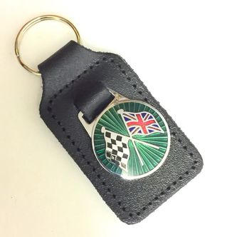 Racing chequered Union Jack flag green enamel badge leather key fob ring  image #1